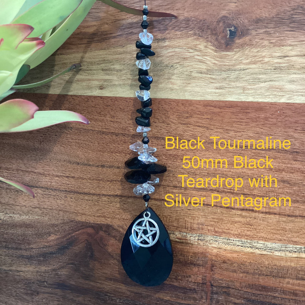 Black Tourmaline Suncatcher with a Black Teardrop & Pentagram