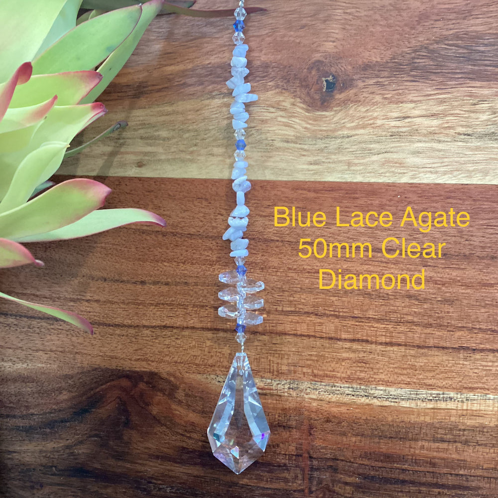 Blue Lace Agate Suncatcher with a Clear Crystal Diamond